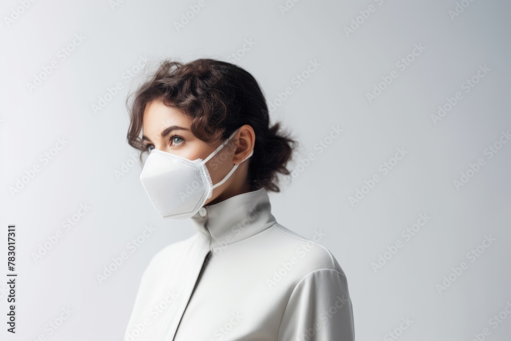 Portrait of a young woman wearing a white protective face mask, depicting health and safety measures. Woman Wearing Protective Face Mask Portrait of a young woman wearing a white protective face mask, depicting health and safety measures. Woman Wearing Protective Face Mask