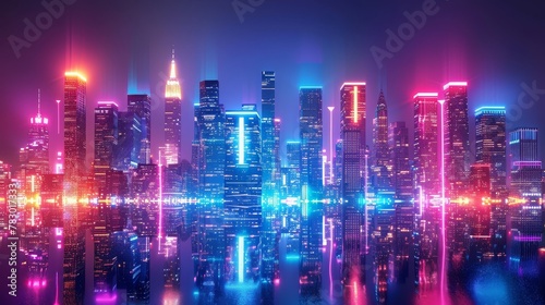 Glowing Neon Surfing  A 3D vector illustration of a city skyline at night
