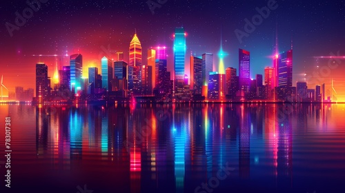 Glowing Neon Surfing: A 3D vector illustration of a futuristic cityscape at night