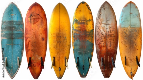 Collection of vintage wooden fishboard surfboard isolated on white with clipping path for object. retro styles. photo