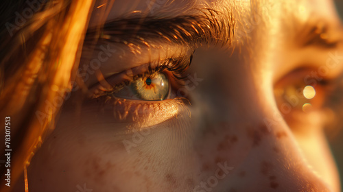 Captivating Close-Up of Young Woman's Gray-Green Eyes Bathed in Sunset Glo