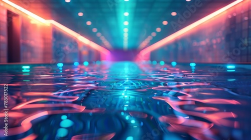 Glowing Neon Swimming: A 3D vector illustration of a neon swimming pool at night