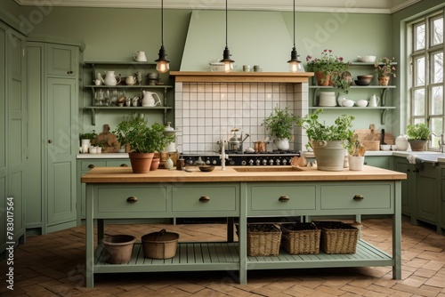 A cozy traditional kitchen filled with green cabinetry and an abundance of natural elements and light