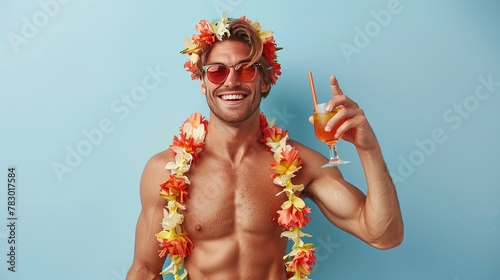Full length young man in red shorts swimsuit stand sup board hold alcohol cocktail point thumb finger on himself isolated on blue background Summer vacation photo