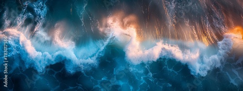 Aerial view of turquoise ocean water with splashes and foam for abstract natural background and texture photo