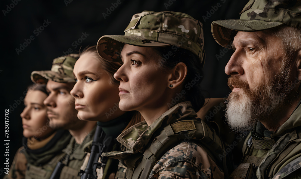 Fototapeta premium diverse middle aged military men and women, Generative AI 