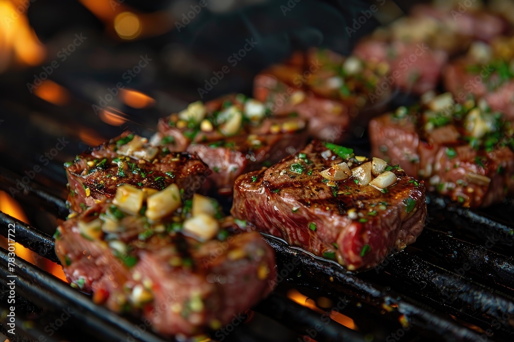 Steaks brushed with olive oil and chopped garlic sizzle on the grill. Steaks brushed with olive oil and chopped garlic sizzle on the grill.