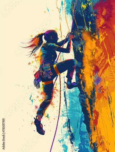 Color illustration of a rock climber climbing a rock wall © Lubos Chlubny