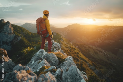 Explorer on mountain peak against breathtaking sunrise