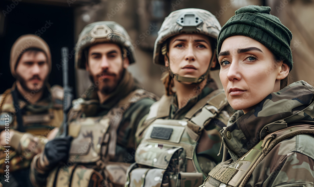 Fototapeta premium diverse middle aged military men and women, Generative AI 