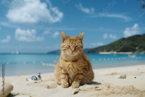 Cute ginger cat sitting on the beach at Seychelles © Nam