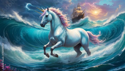 A majestic unicorn strides across ocean waves as a historical ship sails in the background, under a surreal, stormy sky at sunset.. AI Generation photo