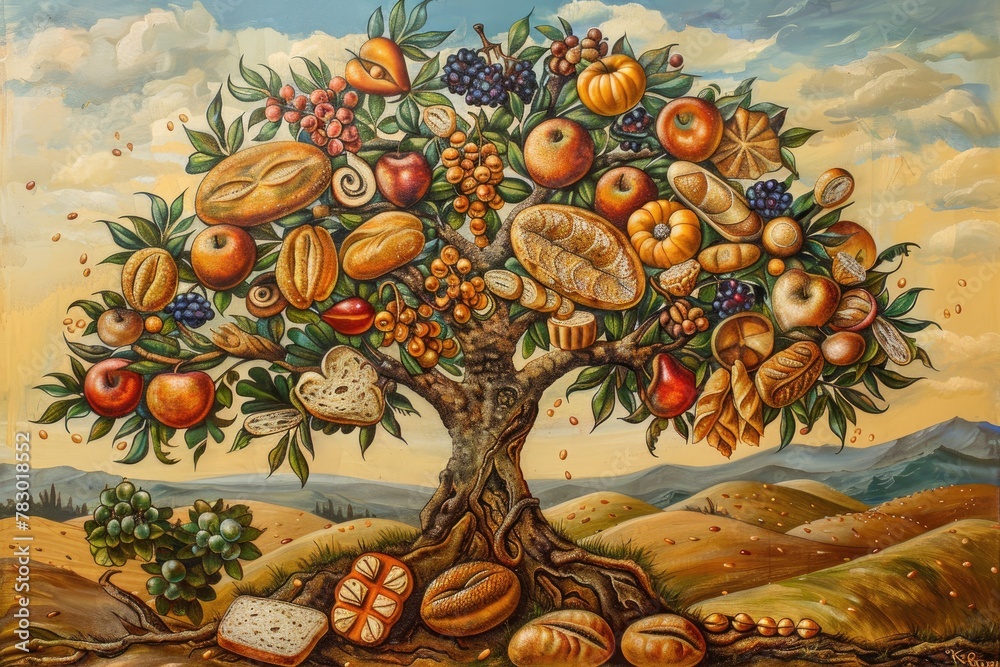 A stylized painting of a mythical bread tree, with loaves and rolls as fruits under a golden sky A stylized painting of a mythical bread tree, with loaves and rolls as fruits under a golden sky