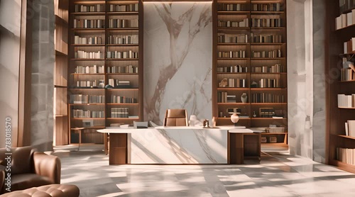 Luxurious Study Room with Wall-to-Wall Bookshelves, spacious and sophisticated study room bathed in natural light, featuring wall-to-wall wooden bookshelves and a sleek marble desk photo