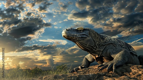 A Komodo dragon sitting on a rock looking at the distance