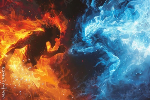 Animated depiction of a fire and ice duel