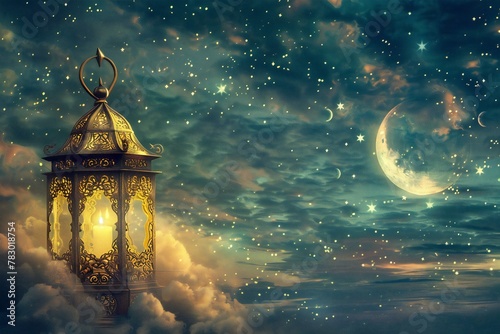 Ramadan Kareem background with arabic lanterns and moon