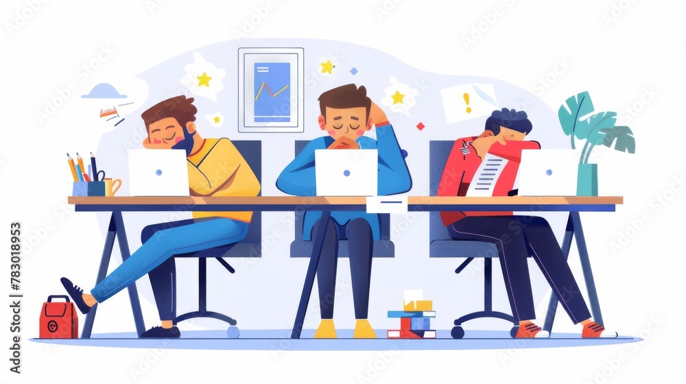 Angry young workers sitting at their desk in front of documents and laptops with their eyes closed. Flat style illustration of tired workers at the office.