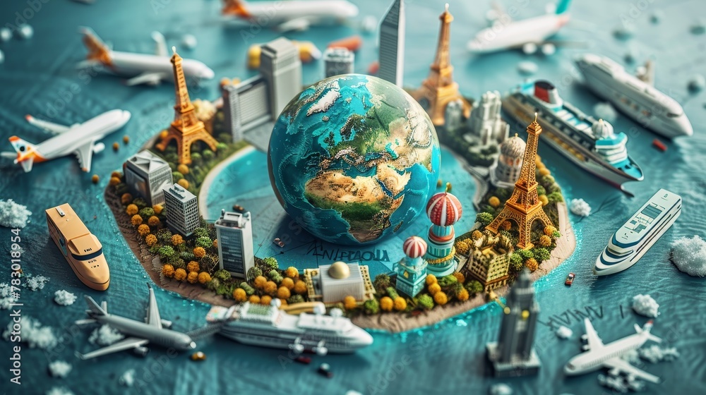 Travel and Tourism: A 3D vector illustration of a globe surrounded by various modes of transportation
