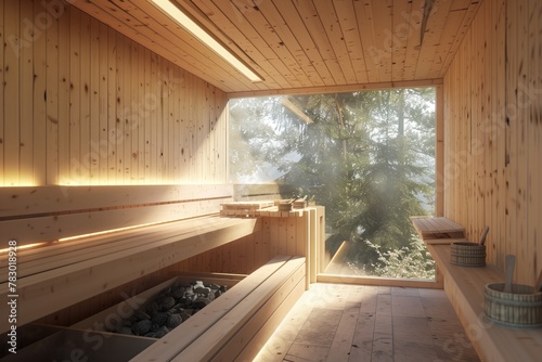 sauna room with ambient lighting
