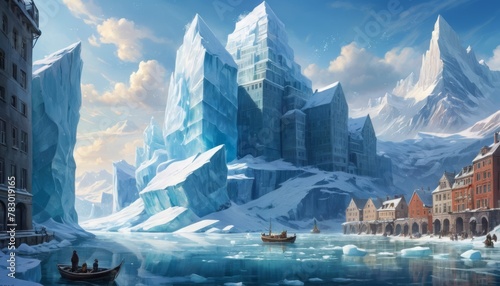 An urban metropolis transformed into a frozen wonder, where icebergs replace skyscrapers and boats navigate icy waterways.. AI Generation photo