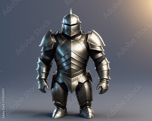 An image of a knight in armor standing on a gray background.