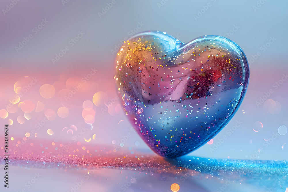 3D Glossy glitter pink heart, metallic holographic colorful shiny reflective surface isolated on pink background 3D Glossy glitter pink heart, metallic holographic colorful shiny reflective surface isolated on pink background