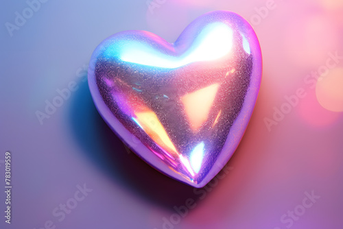 3D Glossy glitter pink heart  metallic holographic colorful shiny reflective surface isolated on pink background