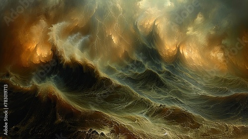 Painting of Turbulent Sea Waves with Lightning Strikes