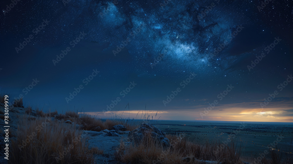 View of grassland and starry sky at night.
