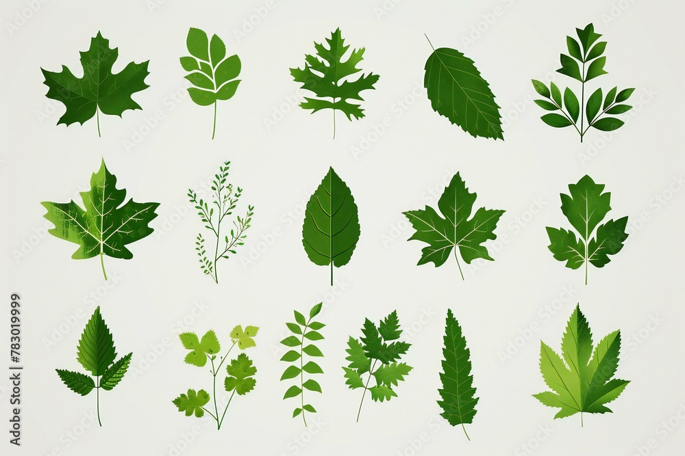 Leafs and plants set,  Vector illustration of green leaves - obrazy, fototapety, plakaty 