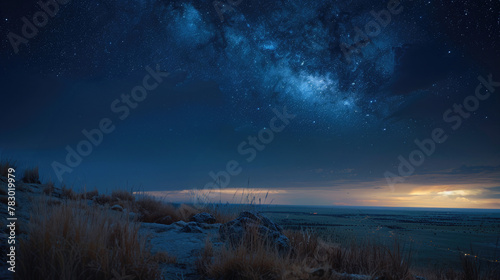 View of grassland and starry sky at night.