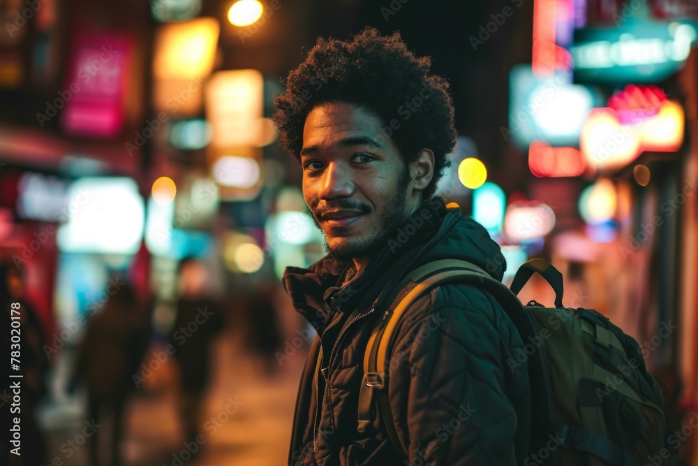 Young african american man with curly hair in a city at night