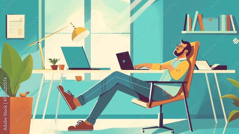 Designed in flat style, this is a picture of a man with legs on a table, relaxing, dreaming on his workplace with a laptop and documents. Designed in flat style, this is a picture of a man with legs on a table, relaxing, dreaming on his workplace with a laptop and documents.