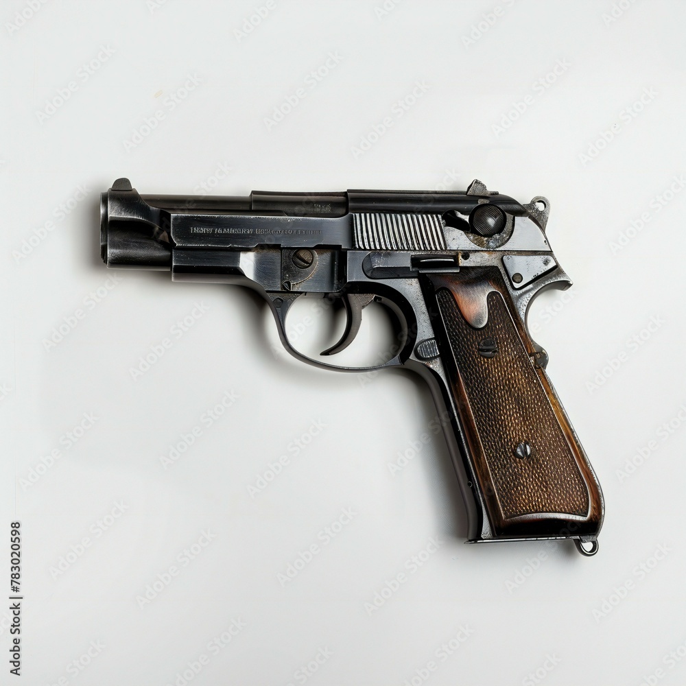 Pistol isolated on a white background,  The pistol is used in the war