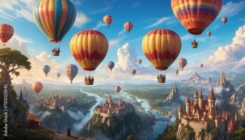 Dozens of hot air balloons float gracefully over a fantastical castle surrounded by a lush landscape and winding river.. AI Generation