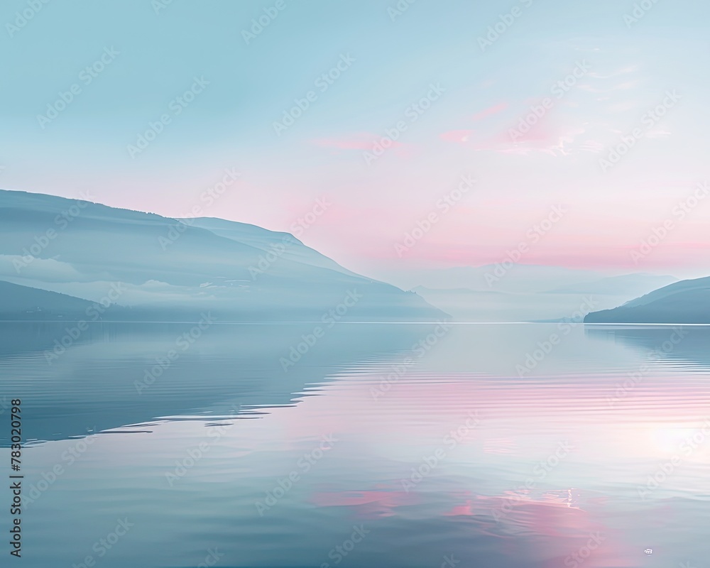 soothing pastel gradient sky reflected in the still waters of a tranquil lake