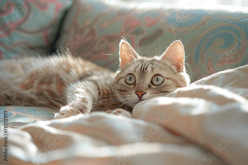 Cute tabby cat lying on sofa at home, Fluffy pet