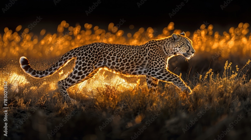Action Shot of a Leopard Racing Across the Savannah, Muscles Rippling in the Pale Moonlight.