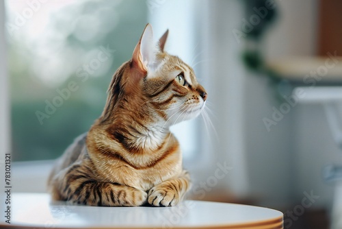 Cute bengal cat sitting on the table at home