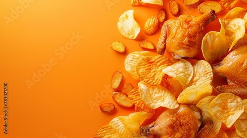 An orange background is accompanied by 3D flavored chips and roasted chicken on top of a flat lay of potatoes and roasted chicken.