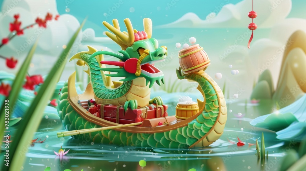 Floating bamboo and sticky rice dumplings on a 3D cartoon dragon boat. Happy Duanwu holidays! Text: Floating bamboo and sticky rice dumplings on a 3D cartoon dragon boat. Happy Duanwu holidays! Text: