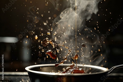 Olive oil being poured into a frying pan with splashes