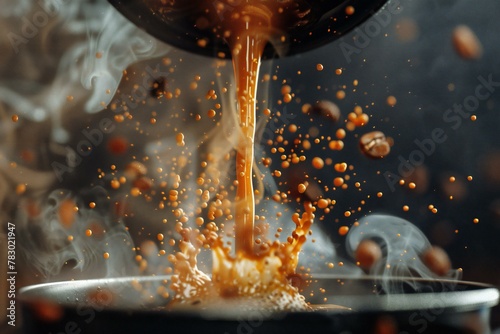 Falling coffee beans into a pot on a black background with smoke