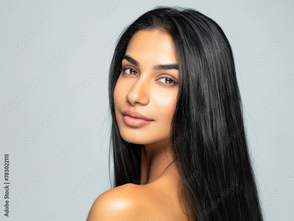 Portrait of a young woman with long black hair and natural makeup, posed elegantly against a neutral background Portrait of a young woman with long black hair and natural makeup, posed elegantly against a neutral background