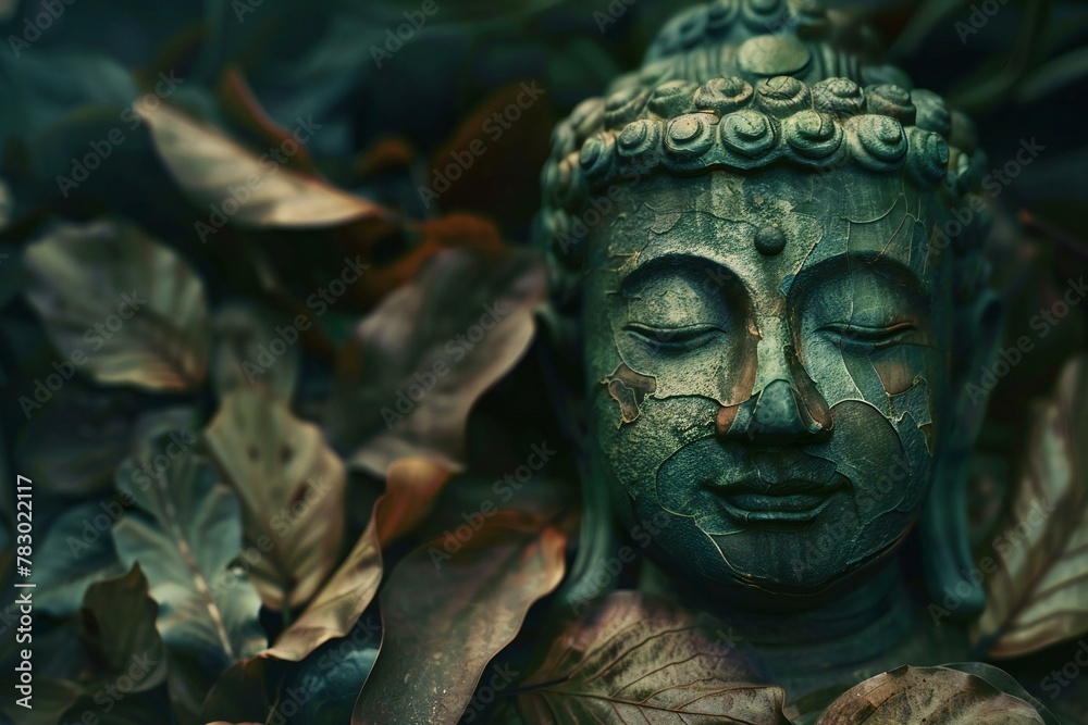 Buddha statue with leaves on dark background, closeup