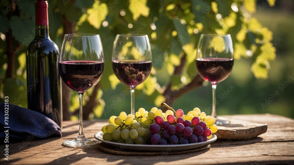 Serene setting unfolds where two glasses of red wine, bottle elegantly placed on rustic wooden table, surrounded by lush greenery of vineyard basking in soft glow of sunlight.