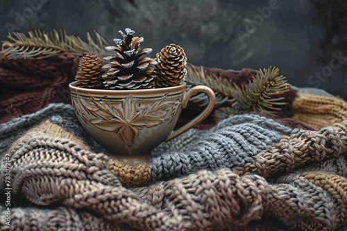 Cozy winter still life with cup of coffee and knitted scarf on dark background