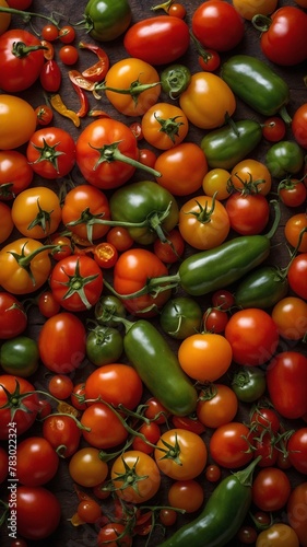 Variety of tomatoes, peppers spread out, showcasing vibrant mix of colors, shapes against dark background. Tomatoes range from small cherry types to larger, round ones, each glowing with hues of red.