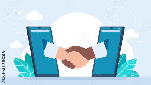 Handshake through smartphone of two men of different races. Handshaking onlain. Successful interracial business deal. Multiracial handshake between two businessmen. Friendship. Vector illustration.